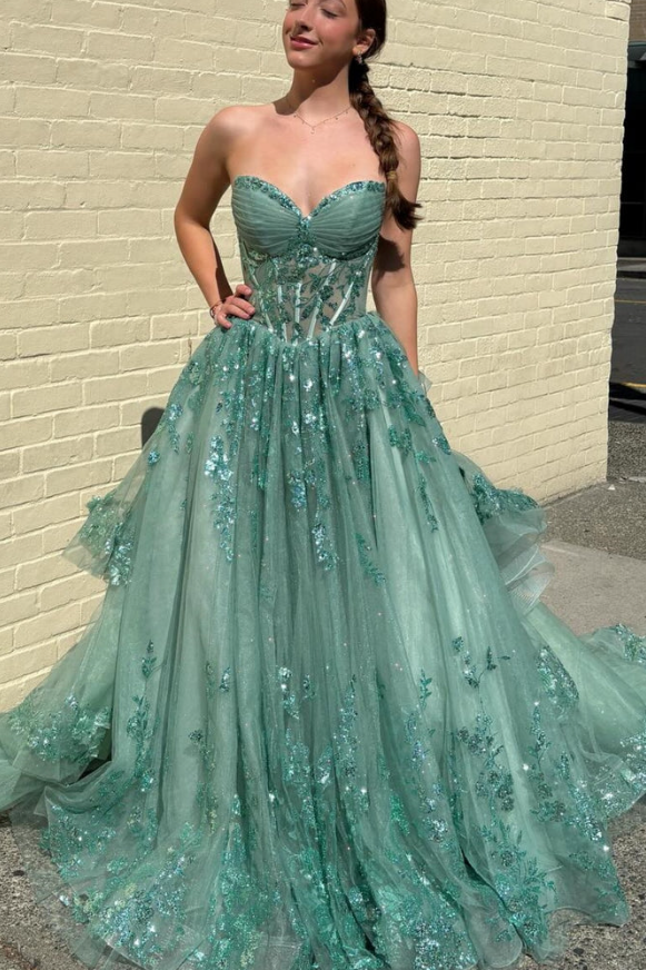 Stunning A-Line Strapless Tiered Sequin Appliques Long Prom Dress