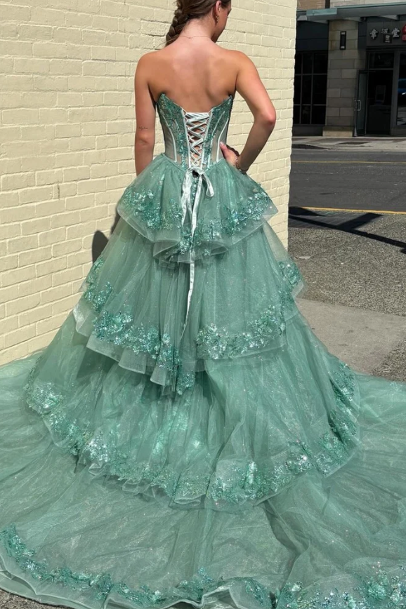 Stunning A-Line Strapless Tiered Sequin Appliques Long Prom Dress