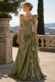 Stunning A-Line Sweetheart Pleats Lace Appliques Ruffles Long Prom Dress