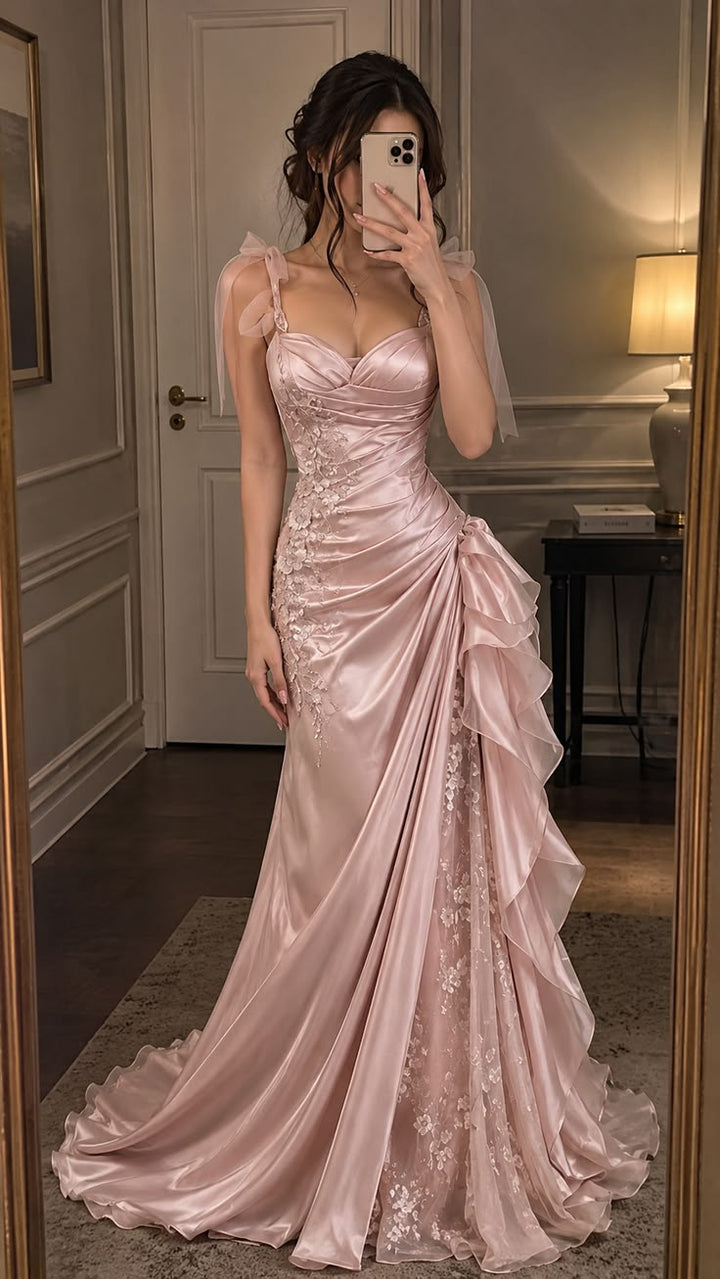 Stunning A-Line Sweetheart Pleats Lace Appliques Ruffles Long Prom Dress