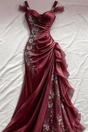 Stunning A-Line Sweetheart Pleats Lace Appliques Ruffles Long Prom Dress