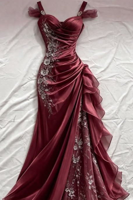 Stunning A-Line Sweetheart Pleats Lace Appliques Ruffles Long Prom Dress