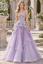 Stunning Lilac A-Line Strapless Lace Appliques Ruffles Long Prom Dress