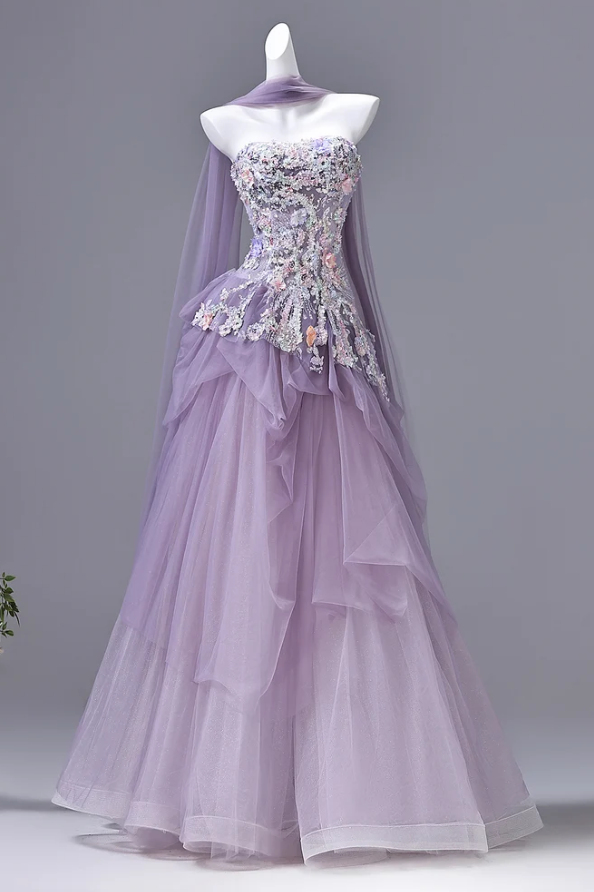 Stunning Lilac A-Line Strapless Lace Appliques Ruffles Long Prom Dress
