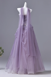 Stunning Lilac A-Line Strapless Lace Appliques Ruffles Long Prom Dress
