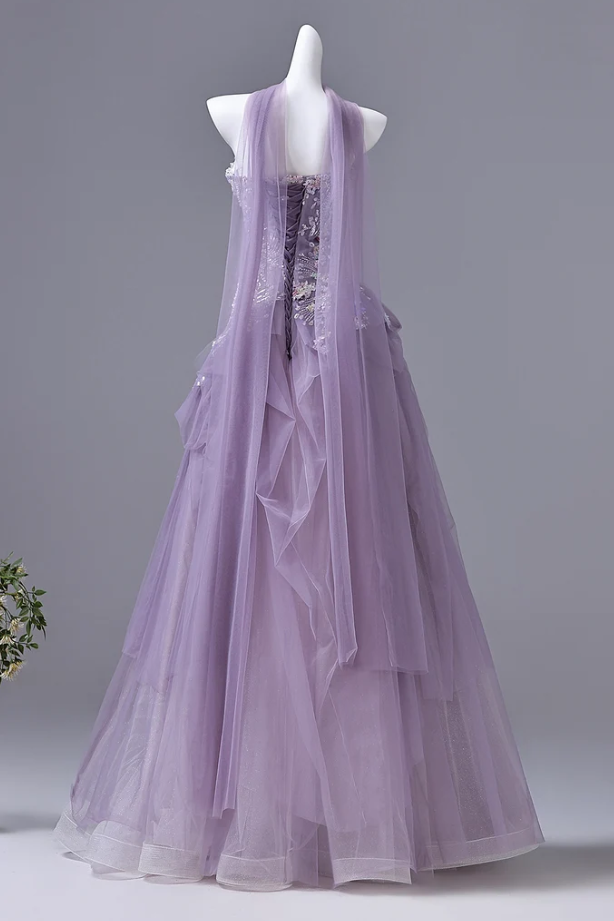 Stunning Lilac A-Line Strapless Lace Appliques Ruffles Long Prom Dress