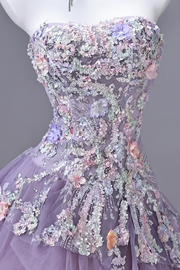 Stunning Lilac A-Line Strapless Lace Appliques Ruffles Long Prom Dress