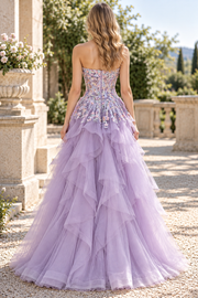 Stunning Lilac A-Line Strapless Lace Appliques Ruffles Long Prom Dress