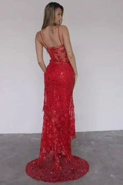 Stunning Spaghetti Straps Appliques Mermaid Red Long Prom Dress