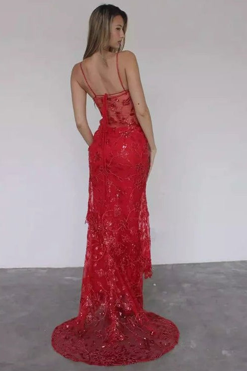 Stunning Spaghetti Straps Appliques Mermaid Red Long Prom Dress