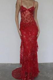 Stunning Spaghetti Straps Appliques Mermaid Red Long Prom Dress