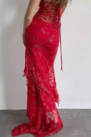 Stunning Spaghetti Straps Appliques Mermaid Red Long Prom Dress