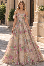 Stunning Off-Shoulder A-Line Floral Appliques Empire-Waist Long Prom Dress