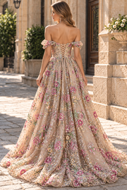 Stunning Off-Shoulder A-Line Floral Appliques Empire-Waist Long Prom Dress