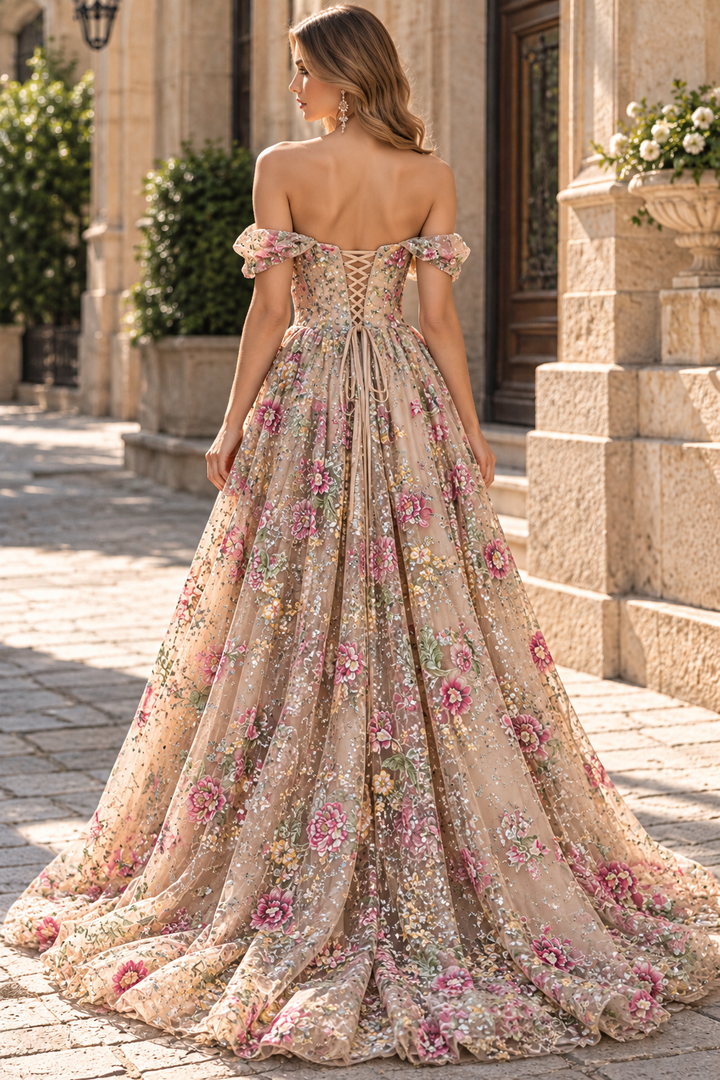 Stunning Off-Shoulder A-Line Floral Appliques Empire-Waist Long Prom Dress