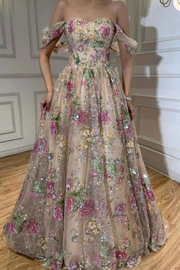 Stunning Off-Shoulder A-Line Floral Appliques Empire-Waist Long Prom Dress