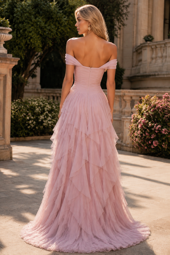 Stunning Off-Shoulder Pink Ruffles Tiered A-Line Prom Evening Dress
