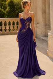 Stunning Purple Strapless A-Line Pleated Long Evening Prom Dress