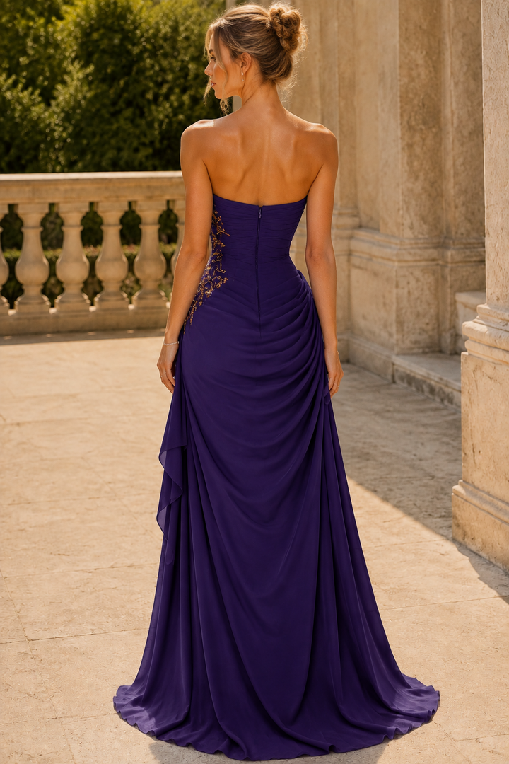 Stunning Purple Strapless A-Line Pleated Long Evening Prom Dress