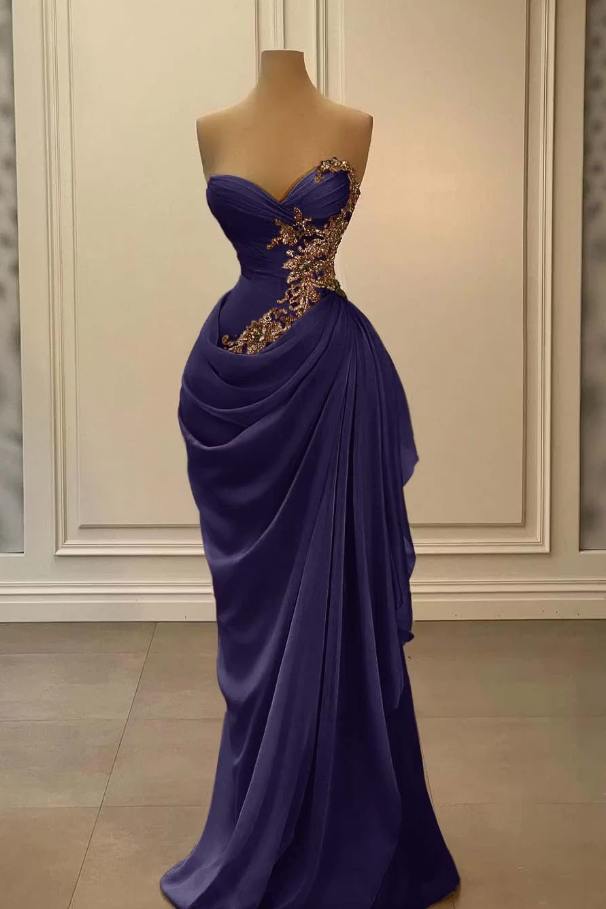 Stunning Purple Strapless A-Line Pleated Long Evening Prom Dress