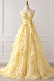 Stunning Yellow A-Line Ruffles Tulle Sweetheart Prom Dress with Appliques