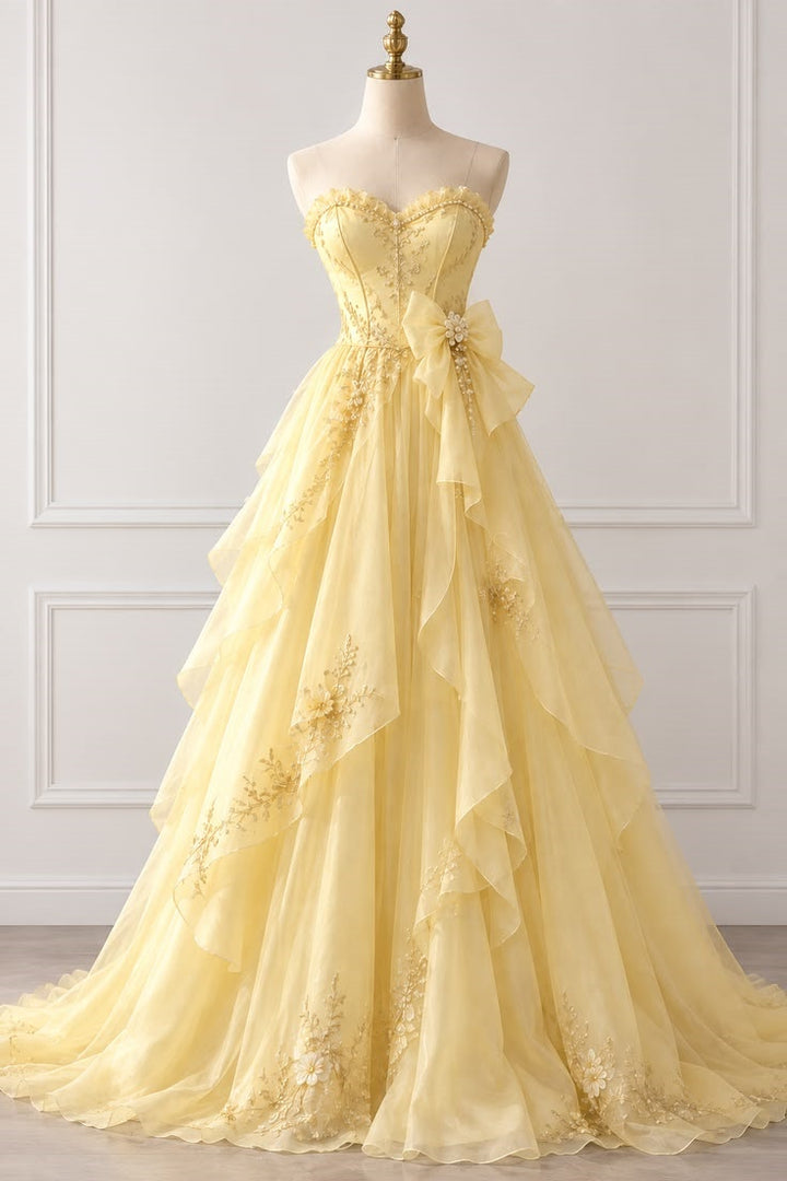 Stunning Yellow A-Line Ruffles Tulle Sweetheart Prom Dress with Appliques