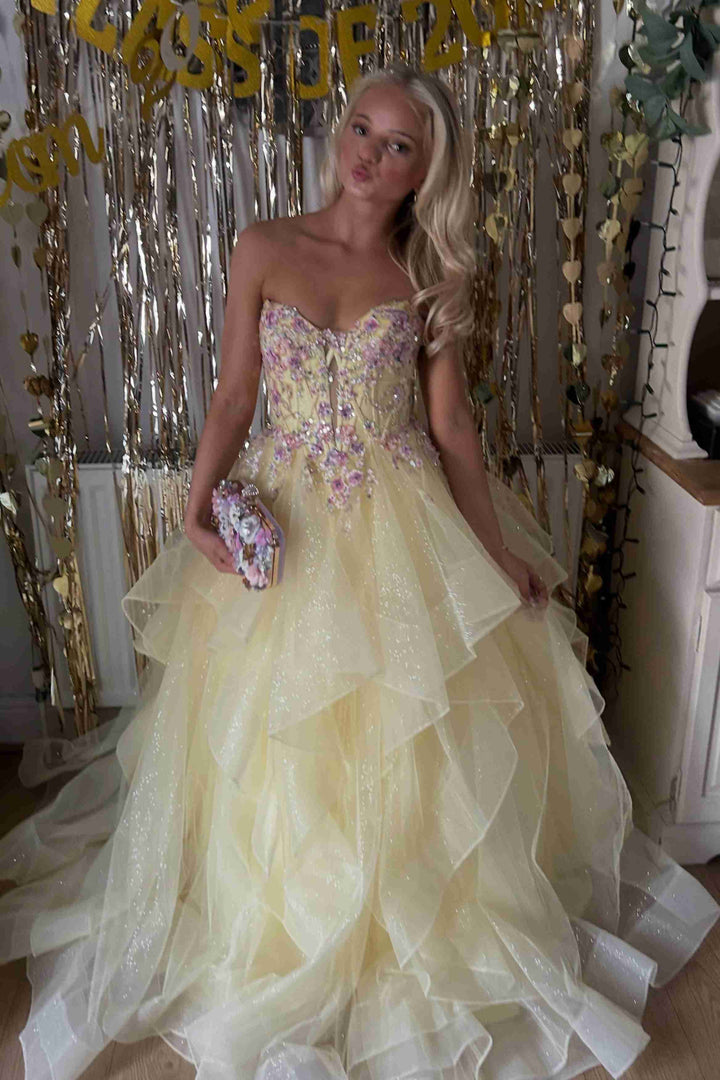 Stunning Yellow V-Neck Appliques A-Line Ruffles Long Prom Dress