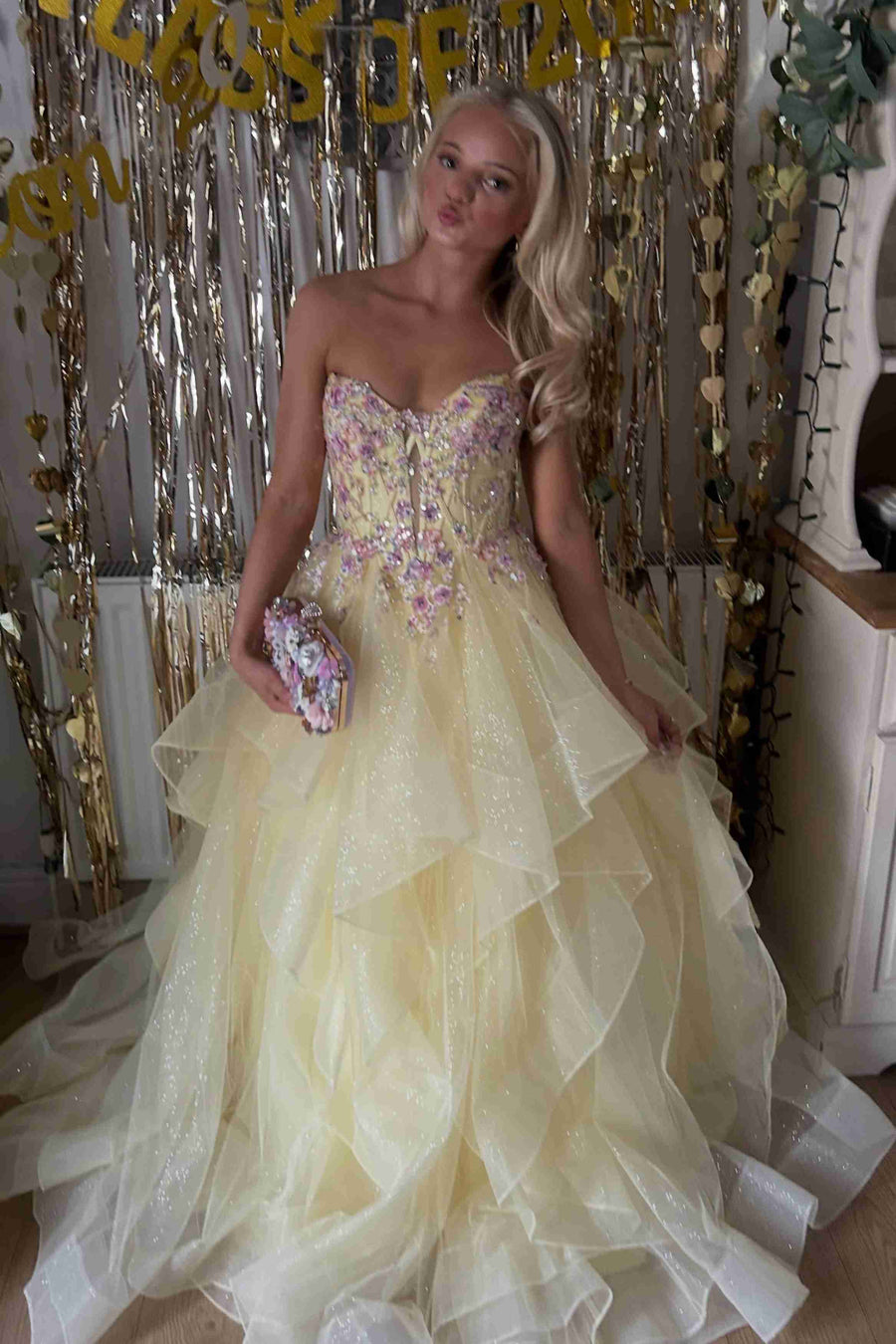 Stunning Yellow V-Neck Appliques A-Line Ruffles Long Prom Dress