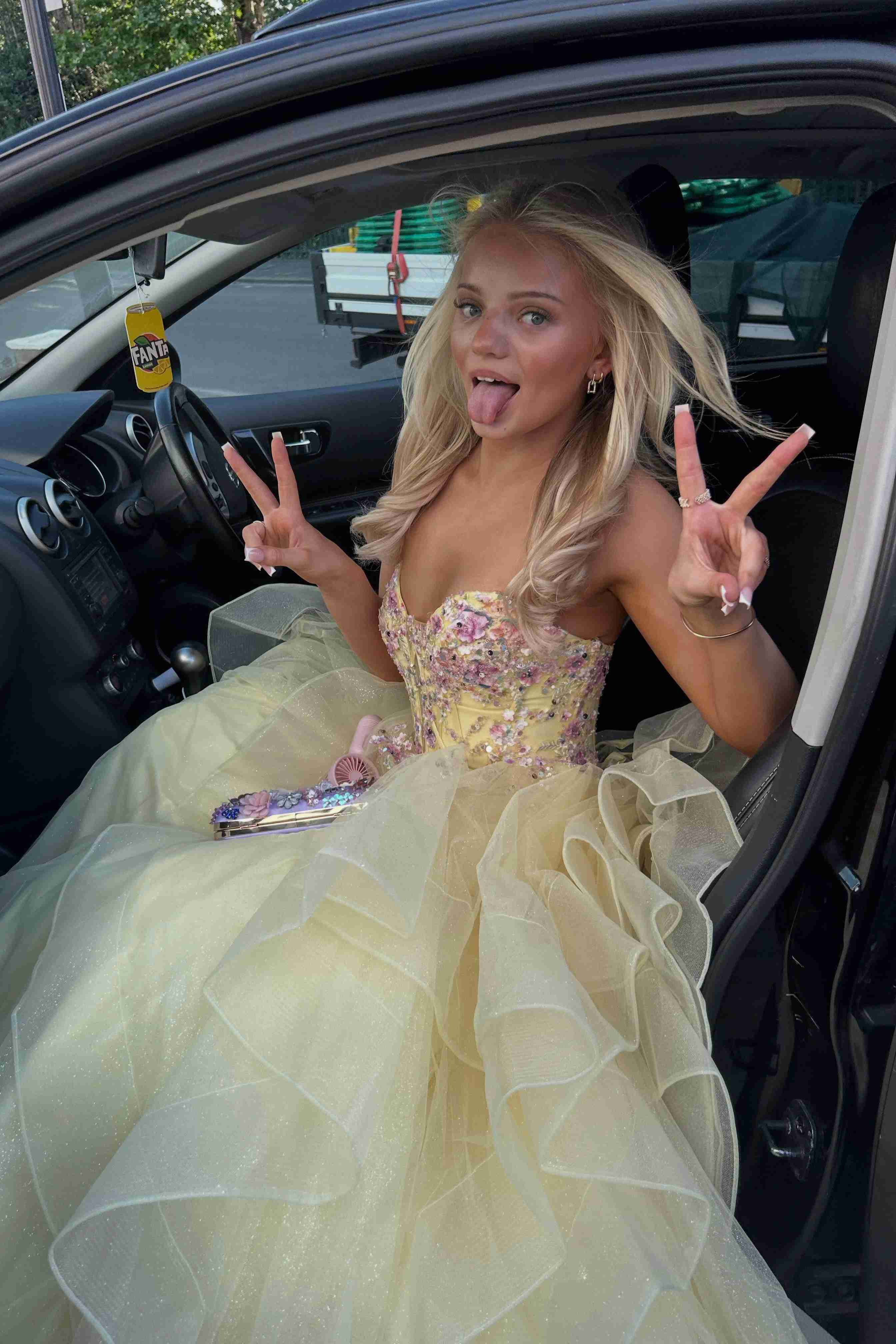 Stunning Yellow V-Neck Appliques A-Line Ruffles Long Prom Dress