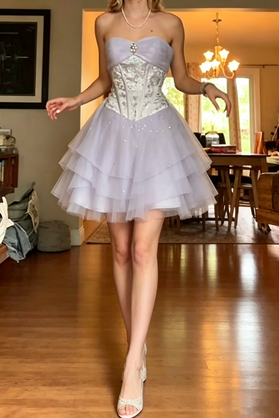 Sweet Lilac A-Line Empire-Waist Layered Short Homecoming Dress with Beads