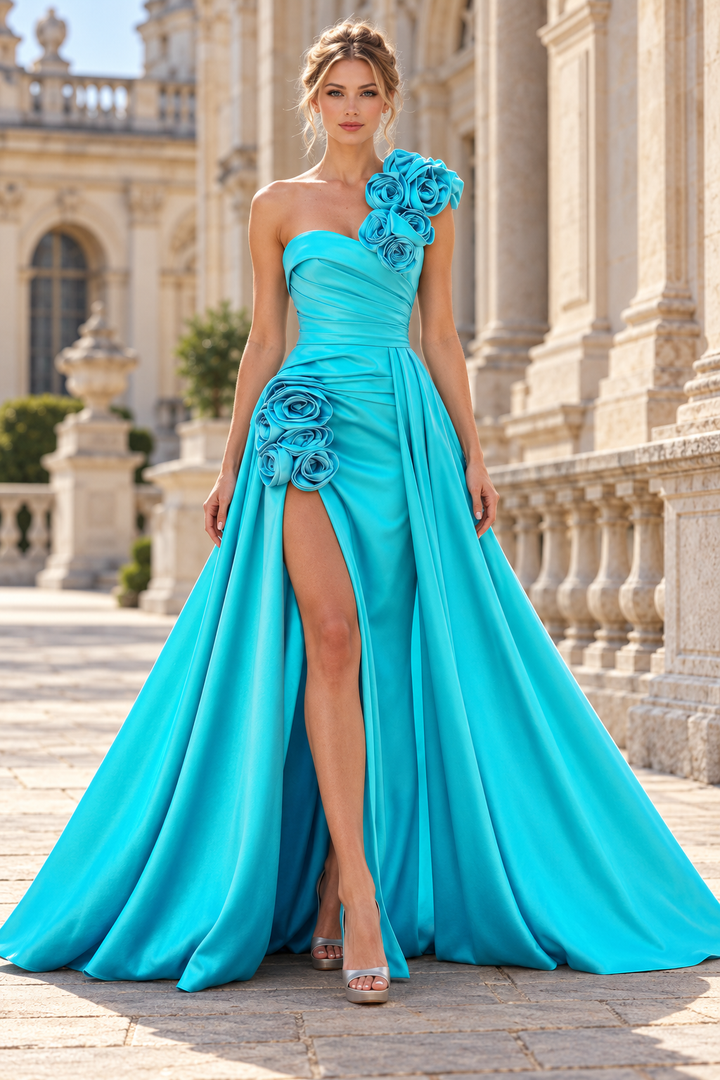 Teal One Shoulder A-Line Empire-Waist Satin Long Evening Prom Dress with 3D Flower