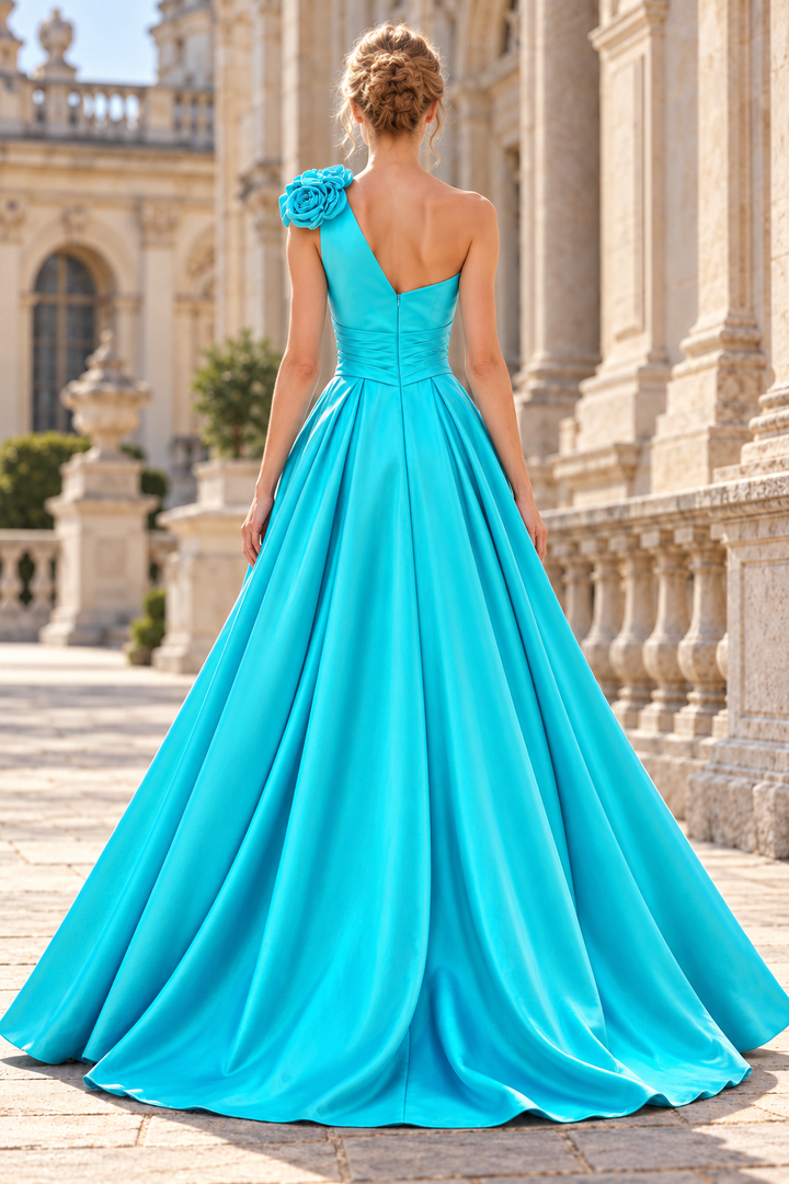 Teal One Shoulder A-Line Empire-Waist Satin Long Evening Prom Dress with 3D Flower