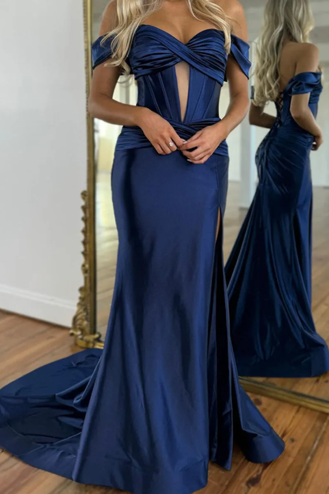 Timeless Off-Shoulder Sweetheart Keyhole Satin Mermaid Long Prom Dress with Slit