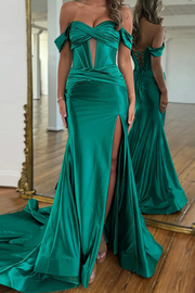 Timeless Off-Shoulder Sweetheart Keyhole Satin Mermaid Long Prom Dress with Slit