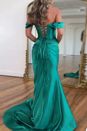 Timeless Off-Shoulder Sweetheart Keyhole Satin Mermaid Long Prom Dress with Slit