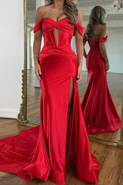 Timeless Off-Shoulder Sweetheart Keyhole Satin Mermaid Long Prom Dress with Slit