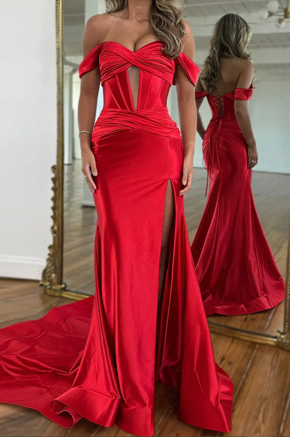 Timeless Off-Shoulder Sweetheart Keyhole Satin Mermaid Long Prom Dress with Slit