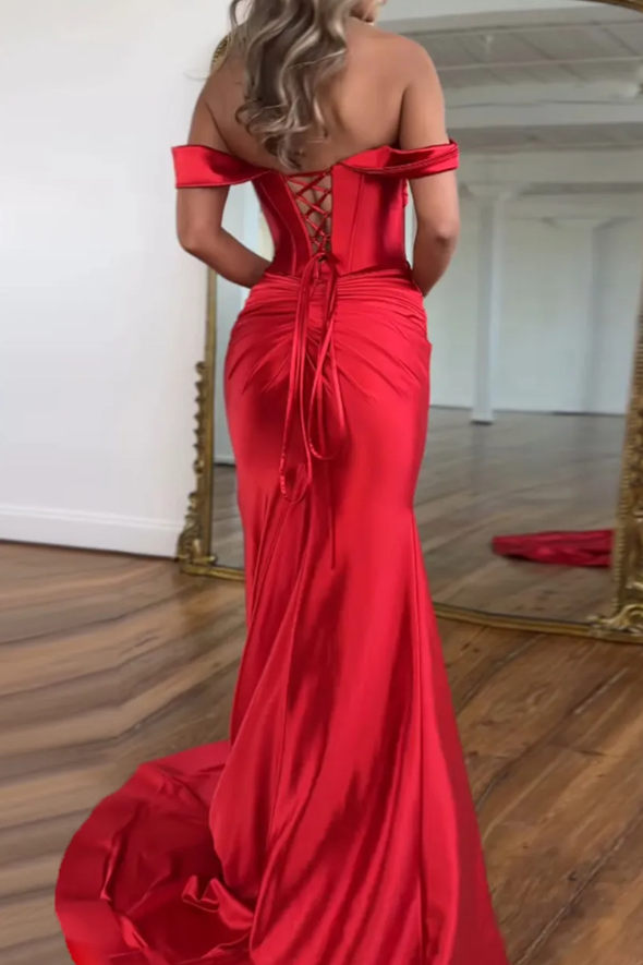 Timeless Off-Shoulder Sweetheart Keyhole Satin Mermaid Long Prom Dress with Slit