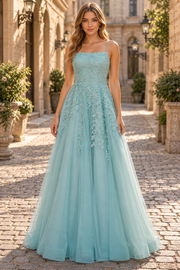 Timeless Spaghetti Straps Lace Appliques A-Line Tulle Long Prom Dress