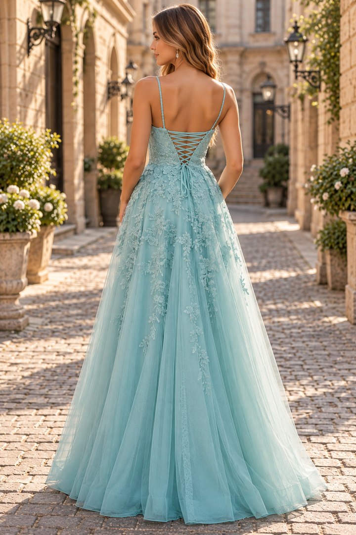 Timeless Spaghetti Straps Lace Appliques A-Line Tulle Long Prom Dress