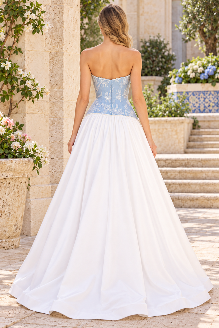 Unique A-Line Strapless High Slit Scoop Neck Appliques Prom Dress with Bow