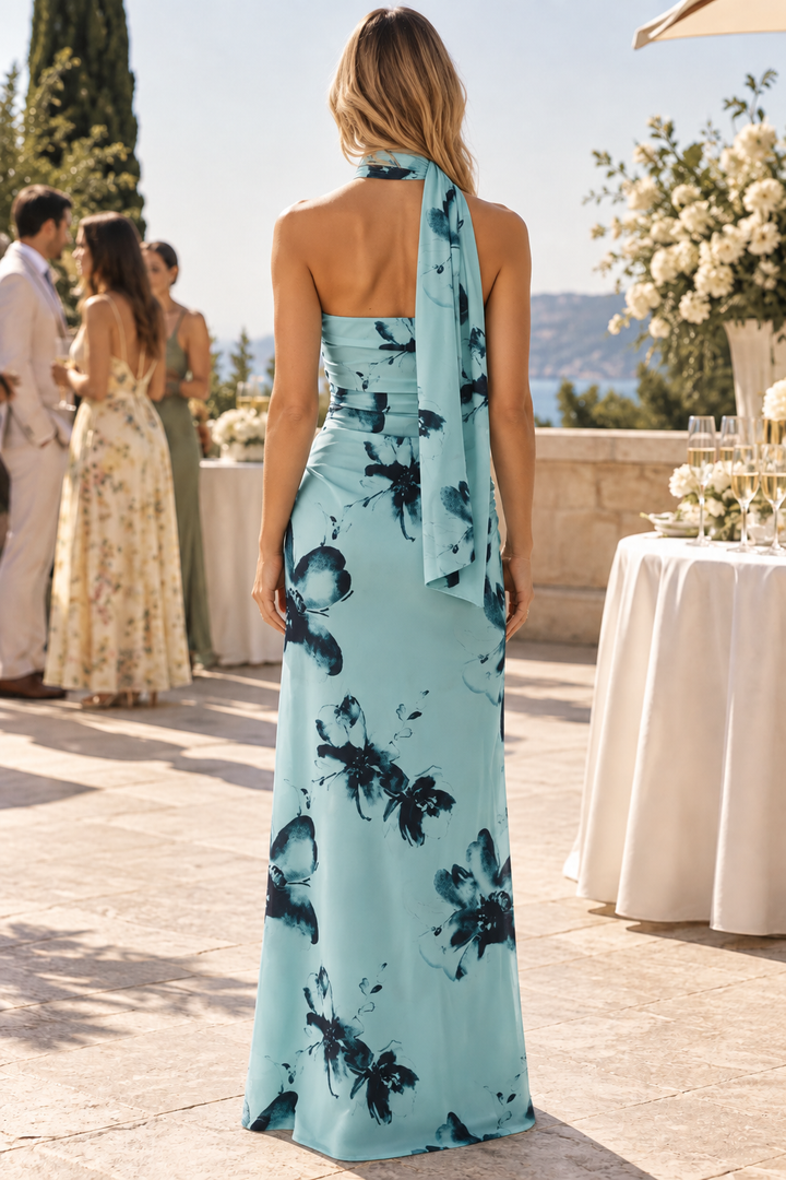 Unique Sheath Sleeveless Chiffon Asymmetrical Neckline Long Prom Evening Dress