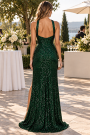 Unique Sparkly Mermaid Sequined High Slit Sleeveless Long Prom Evening Dress