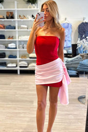 Unique Strapless Scoop Neck Satin Sleeveless Mini Party Homecoming Dress