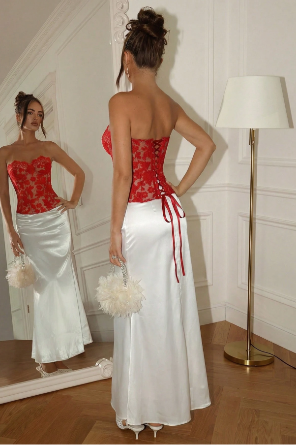 Unique Strapless Sweetheart Lace Applique Bodycon Prom Formal Dress