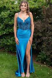 Spaghetti Straps V-Neck Sleeveless Appliques Long Prom Dress with Slit