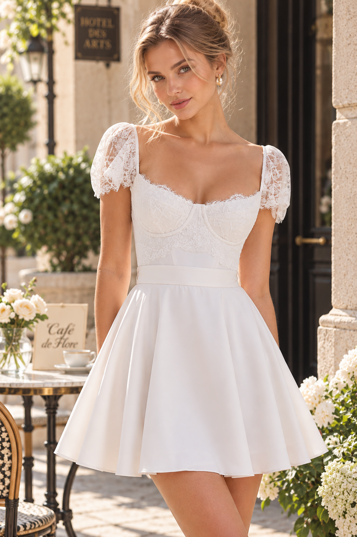 White A-Line Short Sleeves Empire-Waist Satin Homecoming Cocktail Dress with Bow