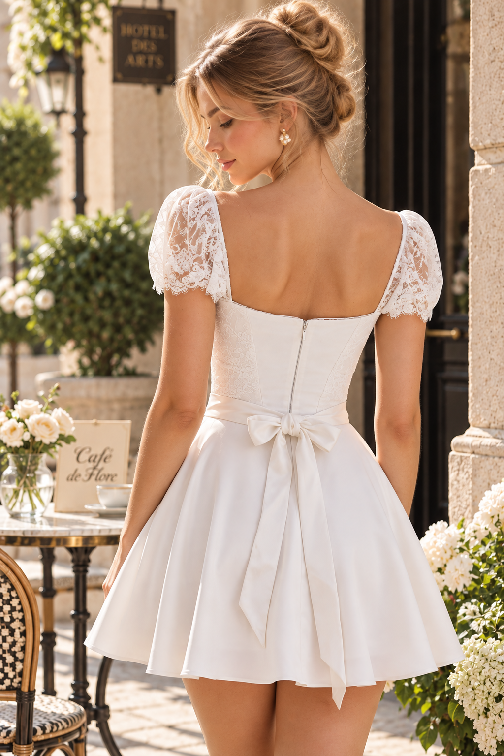 White A-Line Short Sleeves Empire-Waist Satin Homecoming Cocktail Dress with Bow