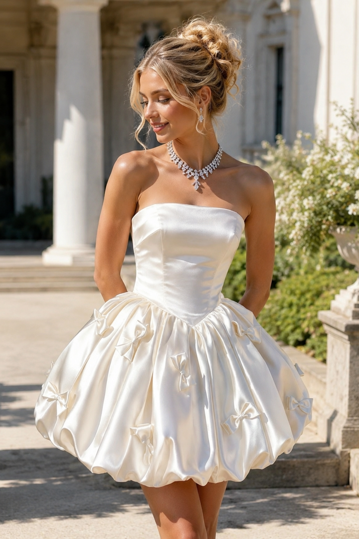 White A-Line Strapless Empire-Waist 3D Bow Bubble Homecoming Dress