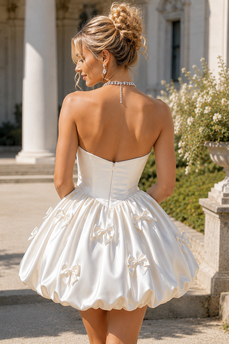 White A-Line Strapless Empire-Waist 3D Bow Bubble Homecoming Dress